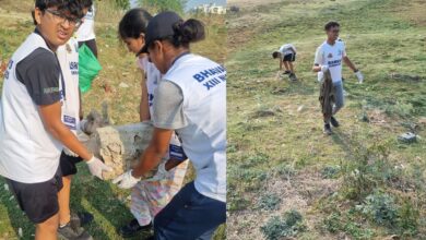 The image shows the students of Bhavans Sri Ramakrishna Vidyalaya (BSRKV) holding a clean-up drive at the Kapra Lake in Sainikpuri on Tuesday, April 29.