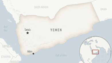 Map showing Yemen with Sana'a, Aden, Red Sea, Gulf of Aden, and nearby countries like Saudi Arabia, Oman, Eritrea, and Ethiopia.