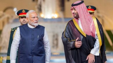 Indian Prime Minister Narendra Modi and Saudi Crown Prince Mohammed bin Salman walk together during the India-Saudi Strategic Council meeting in Jeddah, April 2025.