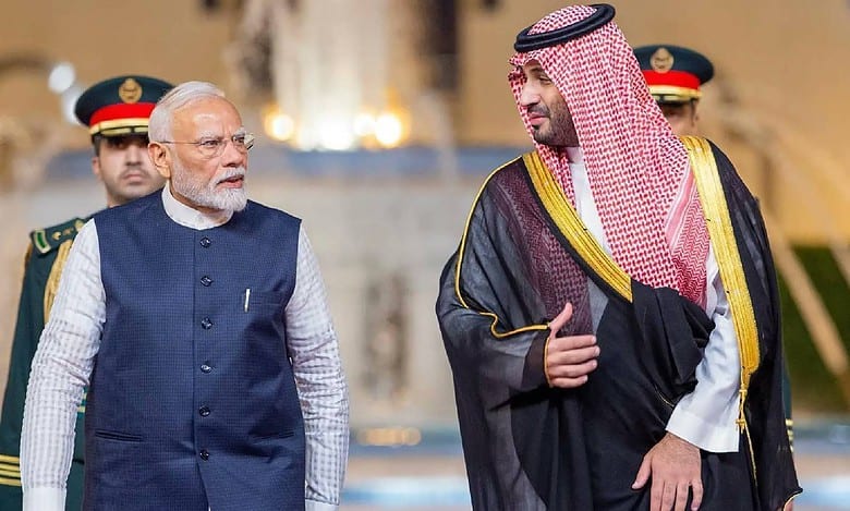 Indian Prime Minister Narendra Modi and Saudi Crown Prince Mohammed bin Salman walk together during the India-Saudi Strategic Council meeting in Jeddah, April 2025.