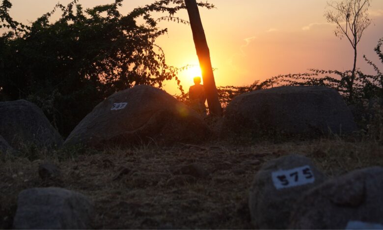 The image shows perfect alignment of sunset with the passage between stone circles at a burial in Mudumal on equinox, March 20, 2025.