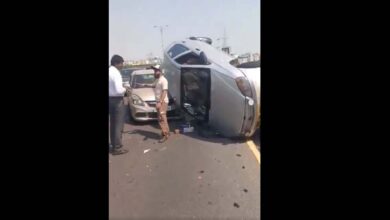 A car overturned on the PVNR expressway after a collision on Monday