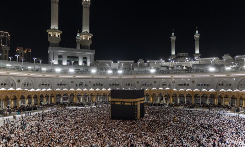 Thousands of Muslim pilgrims gather around the Kaaba at Grand Mosque in Makkah, Saudi Arabia.