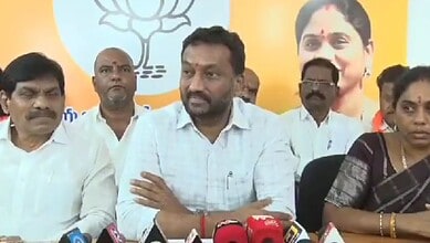 The image shows BJP Medak MP M Raghunandan Rao speaking with media on Waqf Amendment Act in Sangareddy on April 21, 2025.