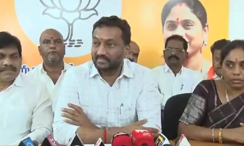 The image shows BJP Medak MP M Raghunandan Rao speaking with media on Waqf Amendment Act in Sangareddy on April 21, 2025.