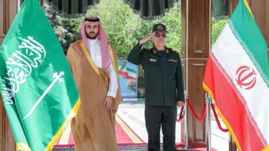 Saudi Defence Minister Prince Khalid bin Salman stands beside Iran’s Armed Forces Chief of Staff Major-General Mohammad Bagheri during an official welcome ceremony in Tehran.