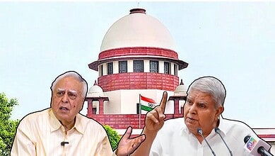 Kapil Sibal and Jagdeep Dhankar in the foreground and the Supreme Court in the background.