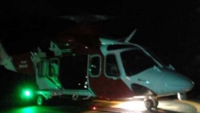 Representative image of rescue helicopter on helipad in the dark, ready for take-off.