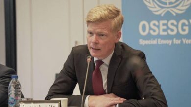 UN Special Envoy for Yemen, Hans Grundberg, speaking at a press conference with OSESGY banner in the background.