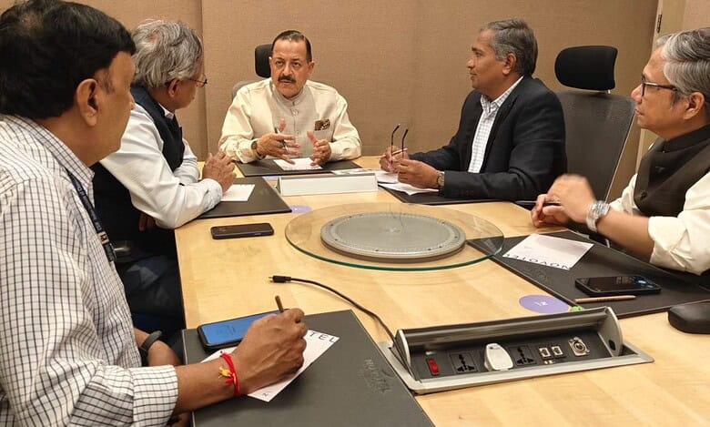 Union Minister of State for Science & Technology Jitendra Singh at a meeting with the directors of three premier CSIR laboratories based in Hyderabad