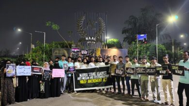 Image of MANNU students displaying placards against the Waqf Amendment Act in Hyderabad on April 2025