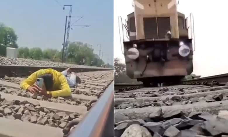 There are two images in this. The first image shows a young man in yellow shirt laying on a railway track with hi head down and a mobile. The second image shows an incoming train