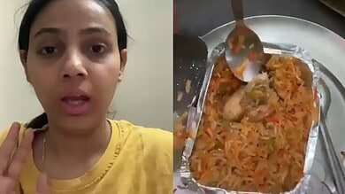 There are two images in this. The first image shows a woman in yellow shirt crying. The second image shows non-veg biriyani