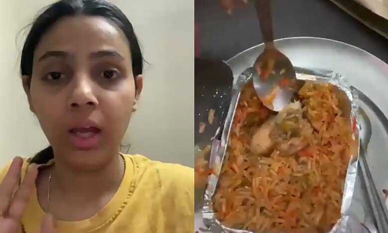 There are two images in this. The first image shows a woman in yellow shirt crying. The second image shows non-veg biriyani