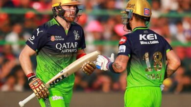 The image displays Royal Challengers Virat Kohli and Phil Salt run between the wickets during IPL 2025 match. April 13, 2025