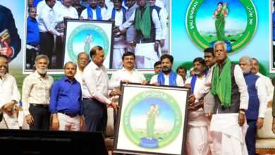 The image displays Chief minister A Revanth Reddy, along with his deputy Bhatti Vikramarka launching the the Bhu Bharathi portal at Shilpakala Vedika in Hyderabad on Monday, April 14, 2025.