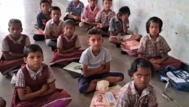 The image displays students of a government primary school in Adilabad, Telangana. April 16, 2025