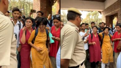 The image displays two pictures. In both pictures, law students of Delhi University argue with a police officer. April 16, 2025
