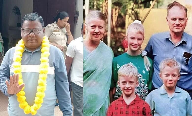 The image displays Mahendra Hembram and the Graham Stains family. April 17, 2025