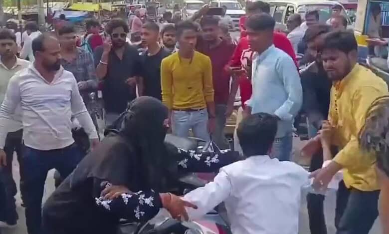 The image displays an inter faith couple being attacked in UP by Hindutva supporters. April 17, 2025