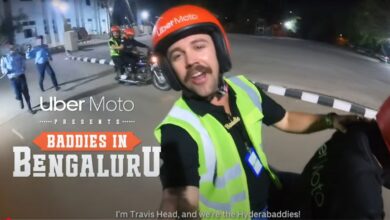 The image displays SRH player Travis Head in a new Uber Moto ad. April 17, 2025