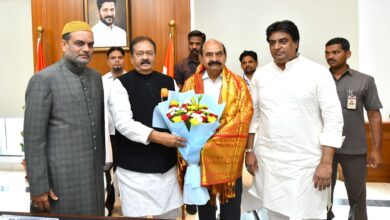 The image displays Congress leader Mohammed Ali Shabbir and Andhra Pradesh minister of law and minorities welfare N Md Farooq in Hyderabad on April 19