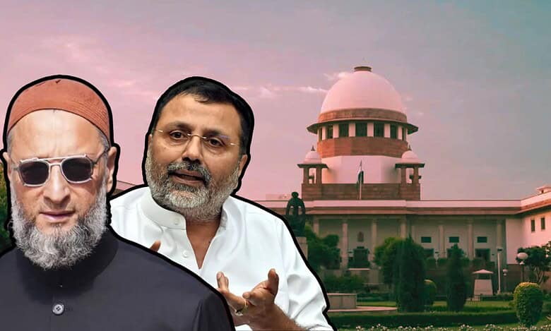 The image displays the picture of Supreme Court in the background and BJP MP Nishikant Dubey and AIMIM Asaduddin Owaisi in the foreground