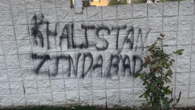 The image displays a graffiti wall with 'Khalistan Zindabad' at a gurudwara in Canada