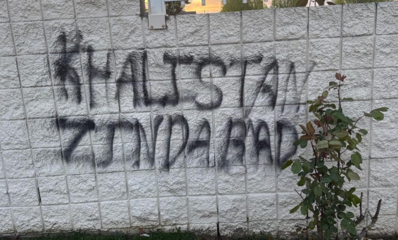 The image displays a graffiti wall with 'Khalistan Zindabad' at a gurudwara in Canada