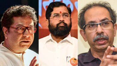 The image shows the pcitures of Raj thackeray, Eknath Shinde and Uddhav Thackeray