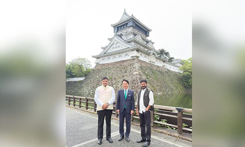 The image displays the picture of Telangana CM Revanth Reddy and It minister D Sridhar Babu with Kitakyushu mayor Kazuhisa Takeuchi