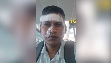 The image displays a picture of an Air Force officer who was assaulted by a biker while on his way to the Bengaluru airport. April 21, 2025