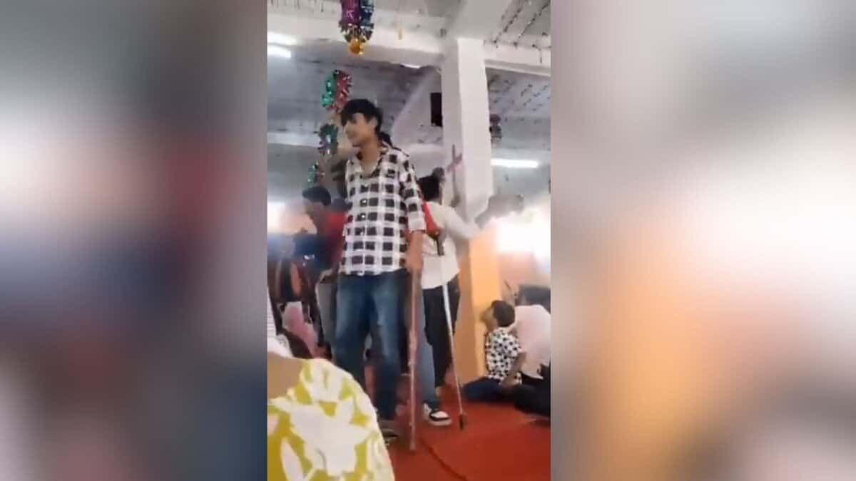 The image displays members of Bajrang Dal and VHP wielding sticks during Easter celebration in a church in Ahmedabad. April 21, 2025