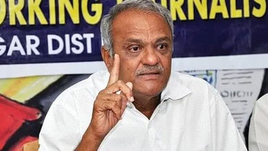 The image displays a picture of CPI national secretary K Narayana. April 21, 2025