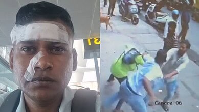 The image displays two pictures. On the left is an injured Indian Air Force Wing Commander Shiladitya Bose while on the right is a CCTV footage of the officer attacking a biker in Bengaluru. April 22, 2025