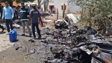 The image displays a picture of the remains of a plane which crashed in Gujarat. April 22, 2025