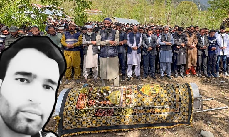 Funeral of Syed Adil Hussain Shah, a pony ride operator who was killed while trying to snatch the rifles from one of the terrorists in Pahalgam on Tuesday (PTI)