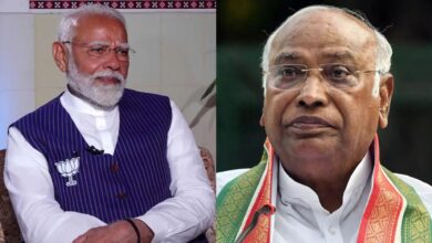 The image displays two photos. On the left is PM Narendra Modi and on the right is AICC president Mallikarjun Kharge. April 26, 2025