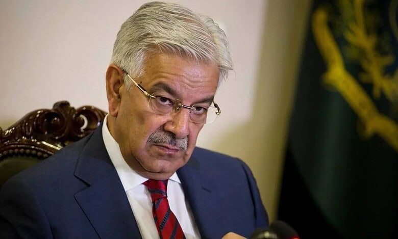 The image displays a picture of Pakistan’s Defence Minister Khawaja Asif
