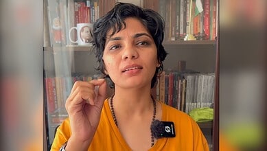 The image displays a picture of folk singer Neha Singh Rathore