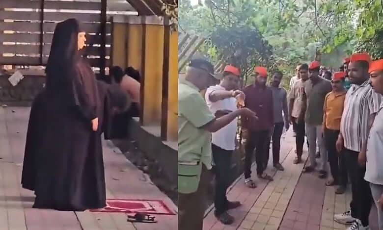 The image displays two pictures. In the first picture, two Muslim women are offering namaz. In the second picture, right-wing workers sprinkle cow urine