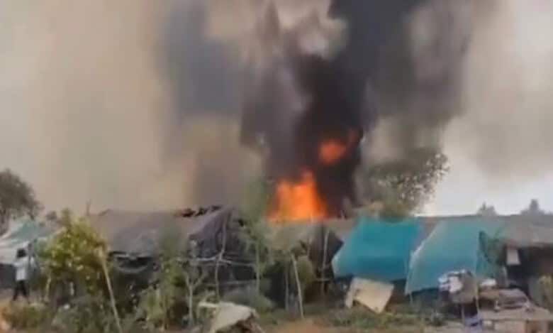 The image displays smoke from huts in Hayathnagar after a gas cylinder exploded. April 26, 2025