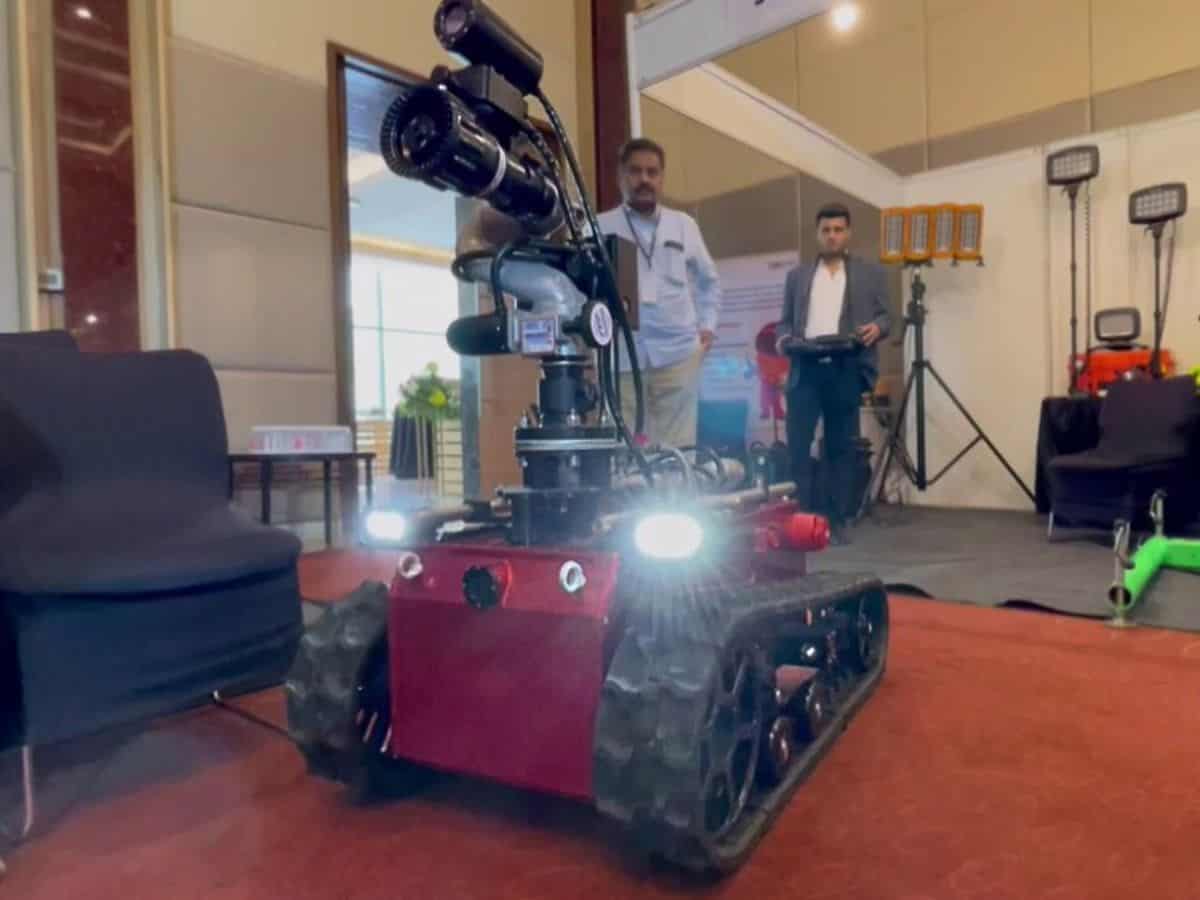 Firefighter robot displaying its skills in Hyderabad