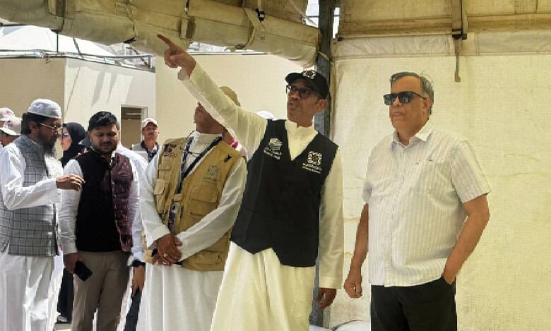 Indian Ambassador Suhel Khan inspects Haj 2025 preparations at Mina camp, Saudi Arabia.