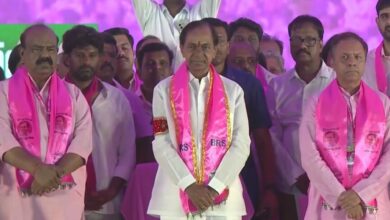 The image displays a picture of BRS supremo KCR at the party's silver jubilee celebrations in Warangal