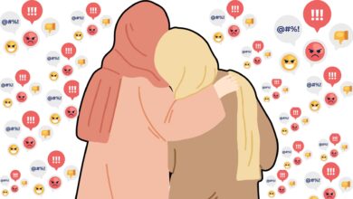 The image displays two Muslim women and hate filled online comments