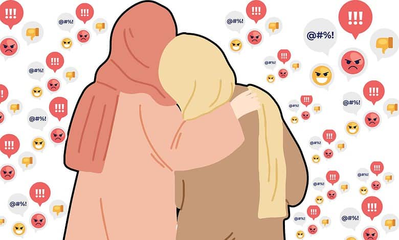 The image displays two Muslim women and hate filled online comments