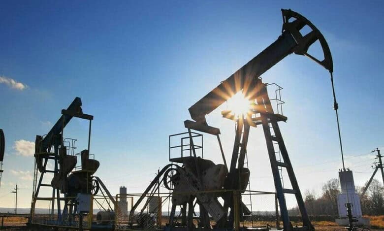 Oil pump jacks operating at a petroleum extraction site during sunset with clear blue sky.