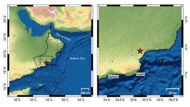 Map showing location of 5.1 magnitude earthquake in southern Oman, near Salalah and Sadah, marked with a red star.