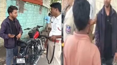 Youngster is seen threatening a traffic police SI during routine checks in Bowenpally.